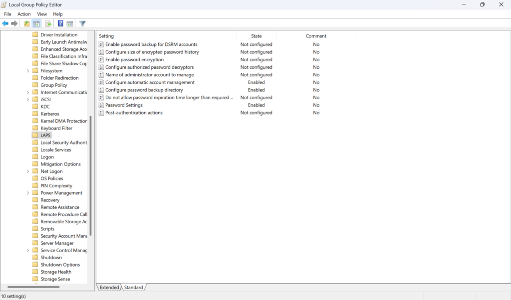 Local group policy box showing the configured objects